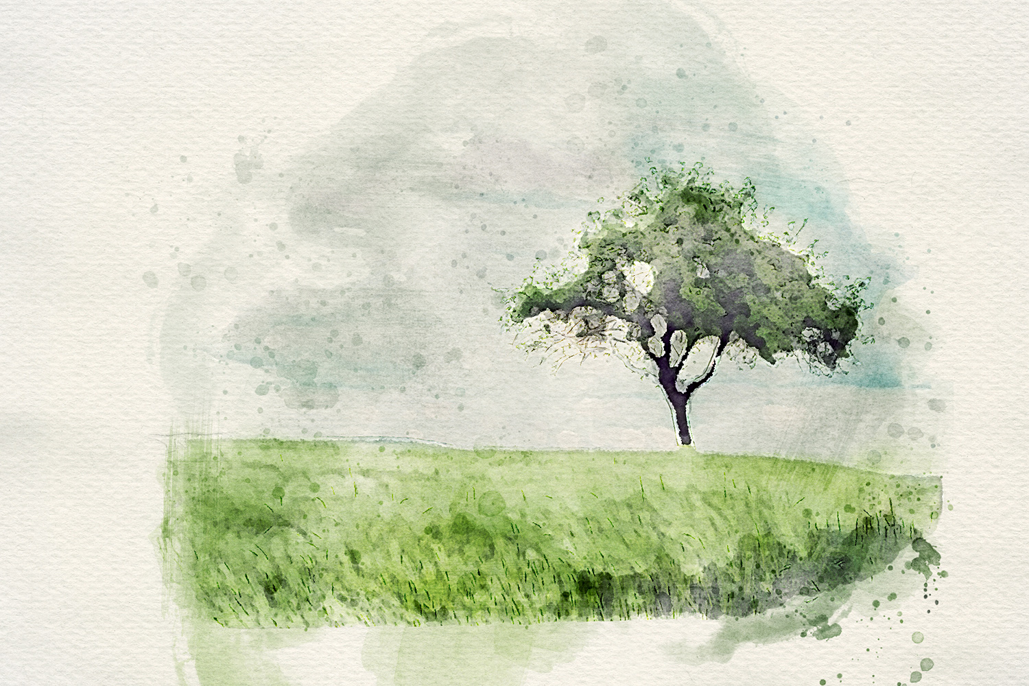 Drevo na travniku v akvarel tehniki